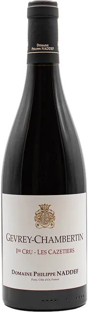 Láhev Gevrey-Chambertin Premier Cru Cazetiers od Domaine Philippe Naddef.