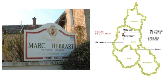 Označení vinařství a mapa oblasti Champagne.